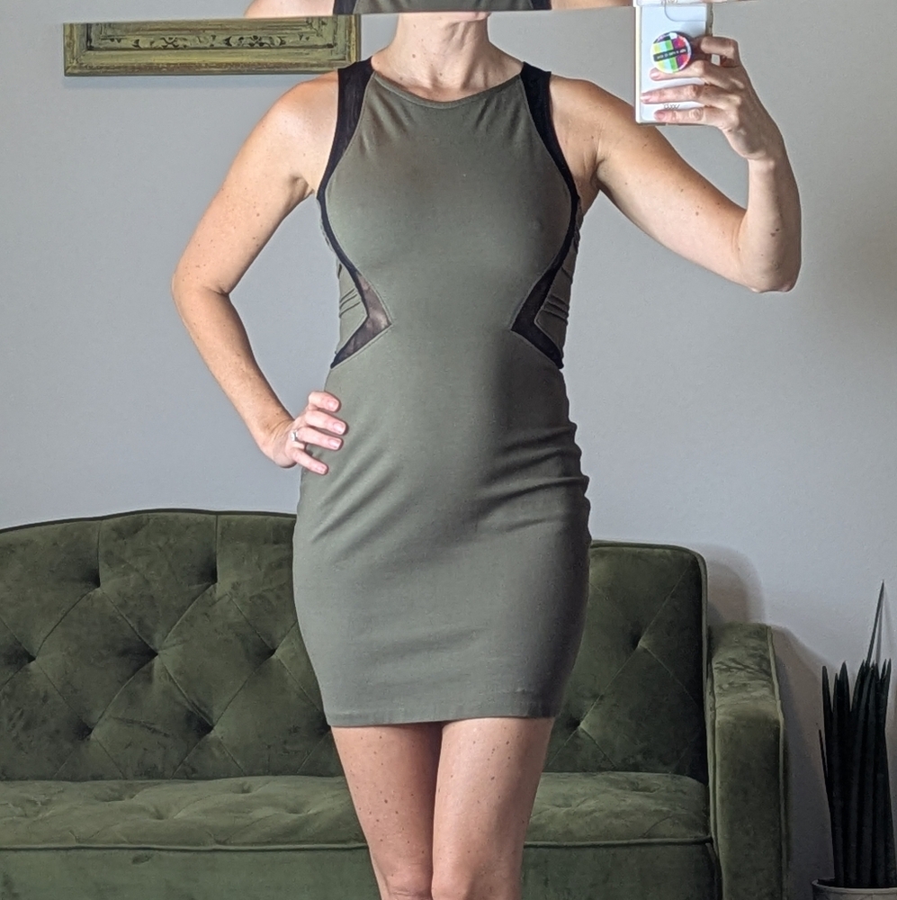 PARKER Olive Green EVELYN DRESS Mesh Inset Trim Ponte Knit Bodycon Mini S